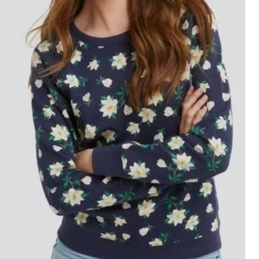 Draper James Navy Blue Floral Magnolias Pullover Cotton Sweater 1X Stretch